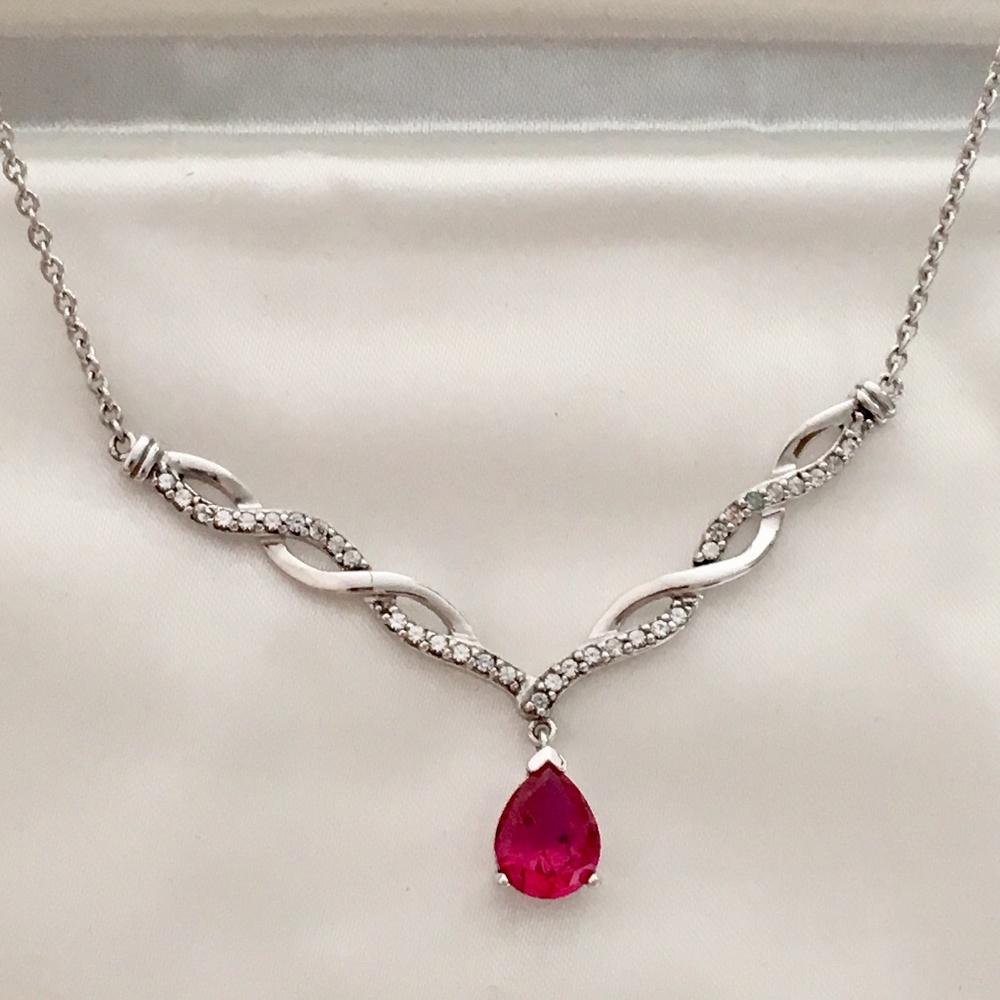 Sterling Silver Diamond Swirl Pear Ruby Necklace